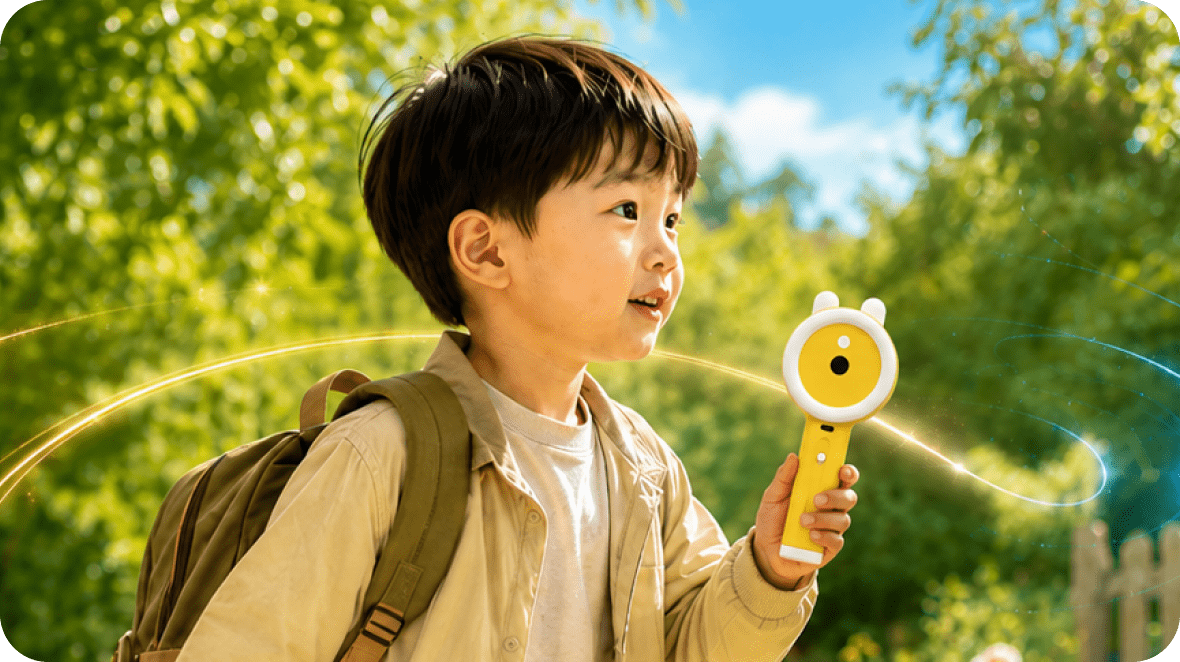 孩子在户外使用百问兔兔探索