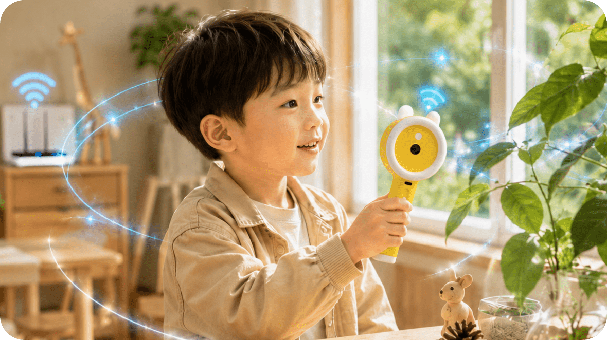孩子在室内使用百问兔兔探索